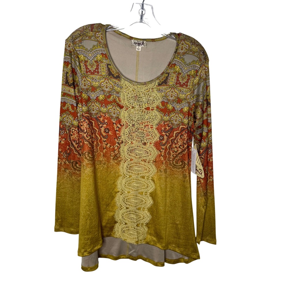 One World Mustard Yellow Paisley Lace Accent Long Sleeve Tunic Top‎ Women's S